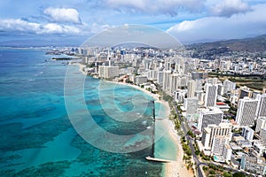 Overhead top view of man made Waikiki Beach in Honolulu, HI