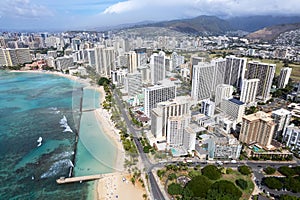 Overhead top view of man made Waikiki Beach in Honolulu, HI