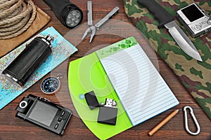 Overhead Travel Trip Backpacking Necessary Items On Wood Table