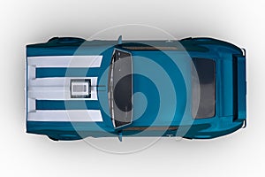 Overhead view 3D rendering of a blue and white 1970s vintage American muscle car isolated on a white background