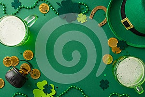 Overhead view of ale glasses, leprechaun\'s hat, lucky horseshoe, pot of gold, trefoils, confetti, beads on green background
