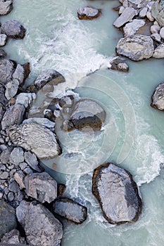 Overhead view of alpine rocks and stream with glacial water, New Zealand