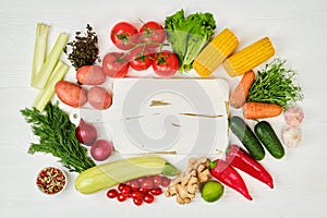 Overhead view of assortment of fresh eco vegetables