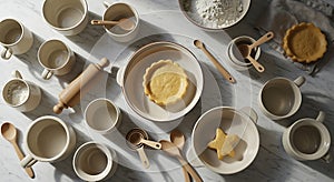 Overhead View of Baking Ingredients and Tools Arranged on Marble Surface