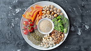Overhead view of a balanced meal with whole grain, vegetables, and nuts on a plate
