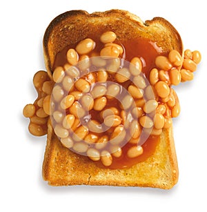 Overhead view of beans on toast isolated path photo