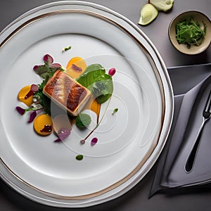 An overhead view of a beautifully plated three-course meal3 photo