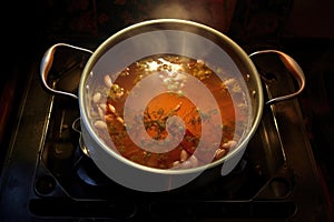 overhead view of boiling pot of soup on stove