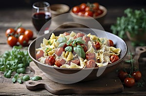 Overhead view of a bowl of farfalle pasta with roasted tomatoes and coriander