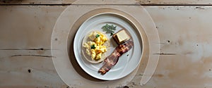 Overhead View of Breakfast Plate on Wooden Table.