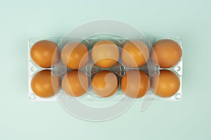 Overhead view of brown chicken eggs in an open egg box isolated on turquoise