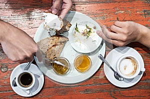 Overhead view of brunch dishes