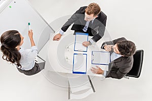 overhead view of businesswoman pointing at while board while explaining idea to colleagues