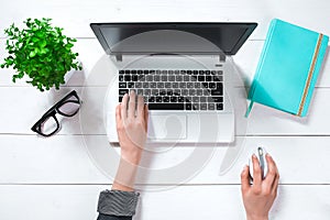 Overhead view of businesswoman working at computer in office