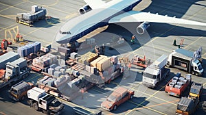 An overhead view of a cargo plane being loaded with various goods
