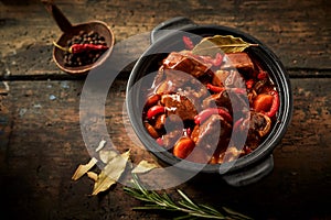 Overhead view of casserole full of hungarian goulash