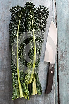 Overhead View Of Cavolo Nero Leaves With Knife On Wooden Background