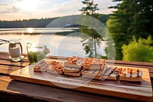 overhead view of cedar plank tofu on a picnic table setting