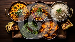 An overhead view of a colorful Indian vegetarian buffet with different types of paneer dishes, lentils, and rice