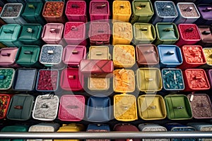 overhead view of colorful luggage on conveyor belt