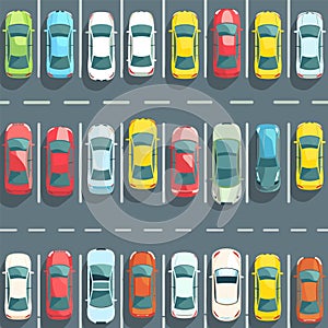 Overhead view colorful parked cars parking lot illustration. Rows vehicles arranged neatly photo