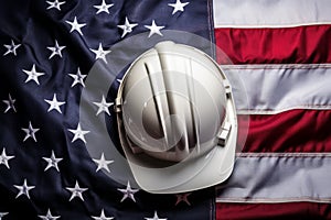 overhead view of a construction hard hat on an american stars and stripes flag