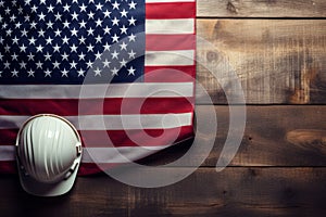 overhead view of a construction hard hat on an american stars and stripes flag