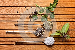 Overhead view of cooking ingredients, spices, herds