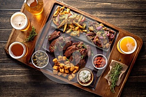 overhead view of craft beer flight with grilled dishes