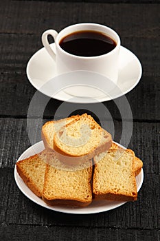 Overhead view-Cup coffee, rusks,