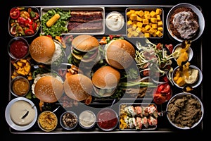 overhead view of a deconstructed burger layout