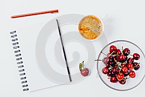 Overhead view desk with white empty notebook