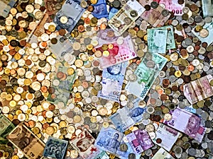 Overhead view of different international monies