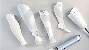 An overhead view of a diverse array of prosthetic limbs in various stages of printing highlighting the versatility of 3D photo