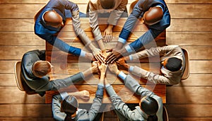 Overhead View of a Diverse Team Joining Hands on a Wooden Table