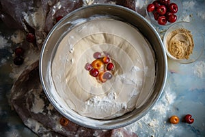 overhead view of dough doubling in size in a bowl