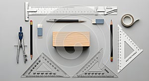 Assorted Drafting Tools on Gray Background