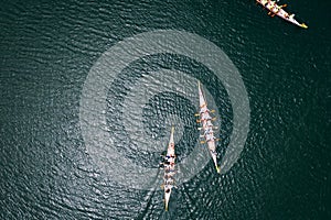 Overhead view of Dragon boat races on a lake