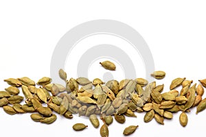 Overhead view of dried green cardamom seeds, isolated at the bottom of the image photo