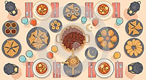 Overhead View of a Festive Ramadan Iftar Table Setting with Dates and Lanterns