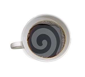 Overhead view of fresh black coffee in white cup