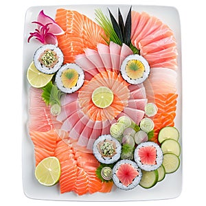 An overhead view of a fresh sashimi platter, showcasing thinly sliced tuna, salmon, and other seafood