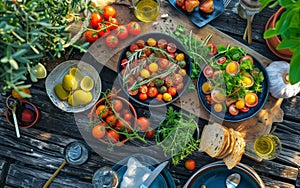 An overhead view of a garden-fresh tomato salad, featuring a colorful medley of heirloom tomatoes, on a rustic wooden