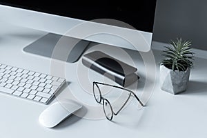 overhead view of glasses and spectacle case