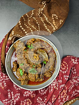 Overhead view of Goat curry, Mutton curry in a bowl