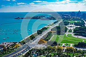 Overhead View of Grant Park Lake Shore Drive and Lake Michigan in Chicago