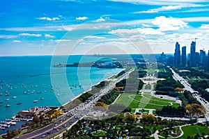 Overhead View of Grant Park Lake Shore Drive and Lake Michigan in Chicago