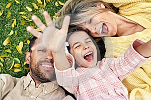 Overhead view of a happy family spending time together in the park. A handsome father makes a selfie together with his joyful