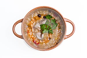 Overhead view of hearty bean and vegetable soup