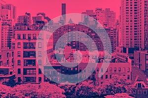 Overhead view of historic buildings in Midtown Manhattan New York City in pink